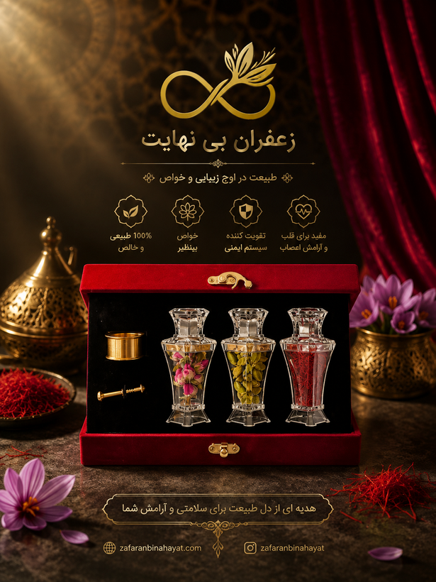 پک هدیه مخملی زعفران سوپر نگین ۱ گرمی با هل و گل محمدی | بینهایت